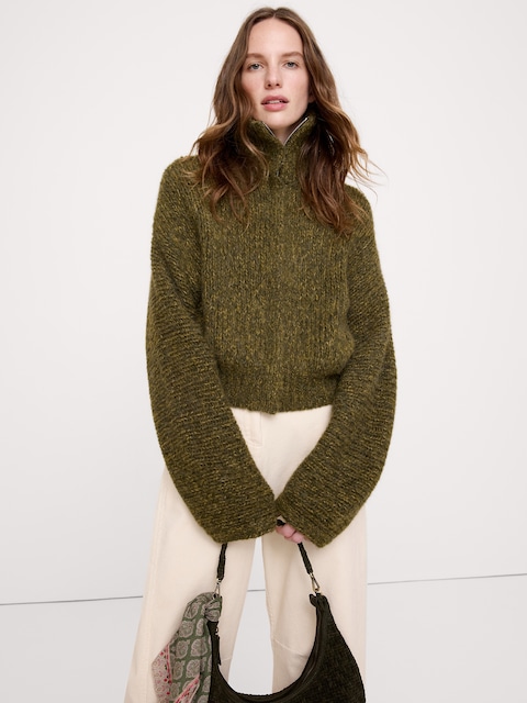 Marled Alpaca-Wool Funnel-Neck Cardigan