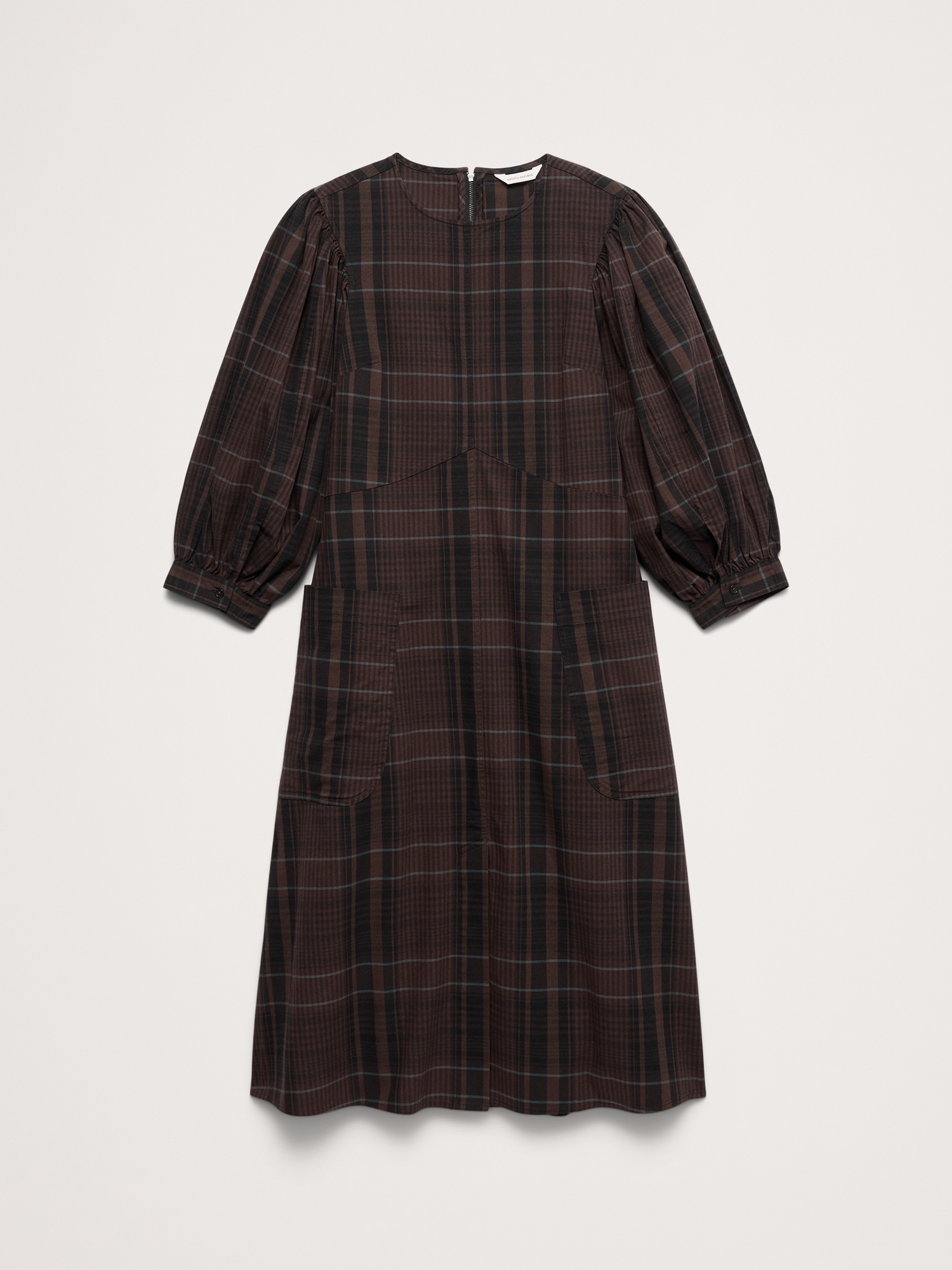 Женское платье Banana Republic Cotton Poplin Puff-Sleeve Midi, цвет: Коричневый клетчатый — фото 4