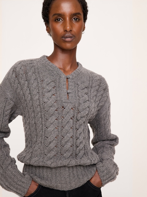 Merino-Yak Buttoned Cable-Knit Sweater