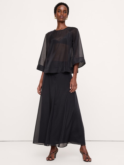 Organza Basque-Waist Maxi Skirt