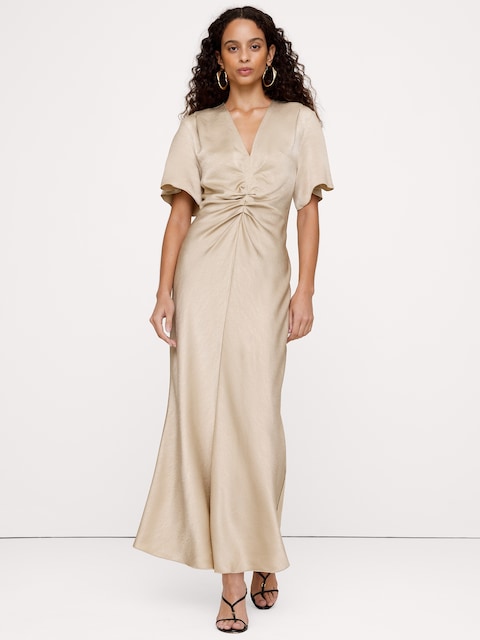 Hammered Satin Flutter-Sleeve Dress