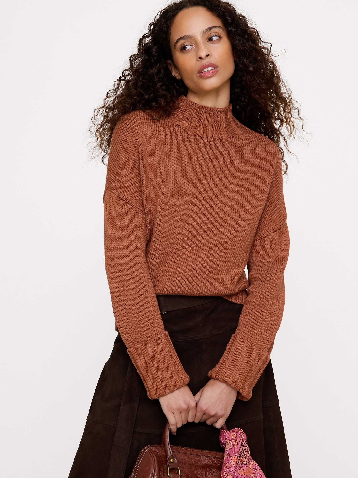 Женский свитер Banana Republic Oversized Chunky Cotton Tunic, цвет: Коричный коричневый — фото 3