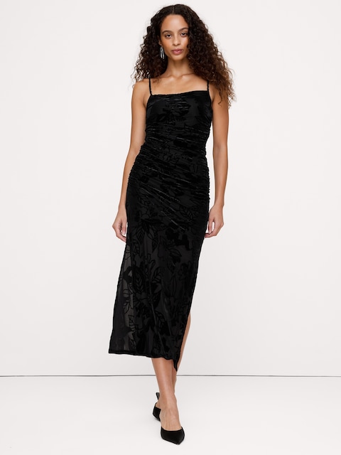 Burnout Velvet Ruched Midi Dress