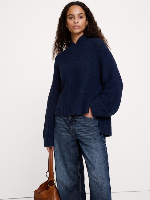 Oversized Merino-Cotton High V-Neck Sweater