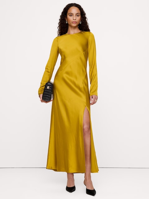 Bias-Cut Stretch-Satin Maxi Dress with Slit