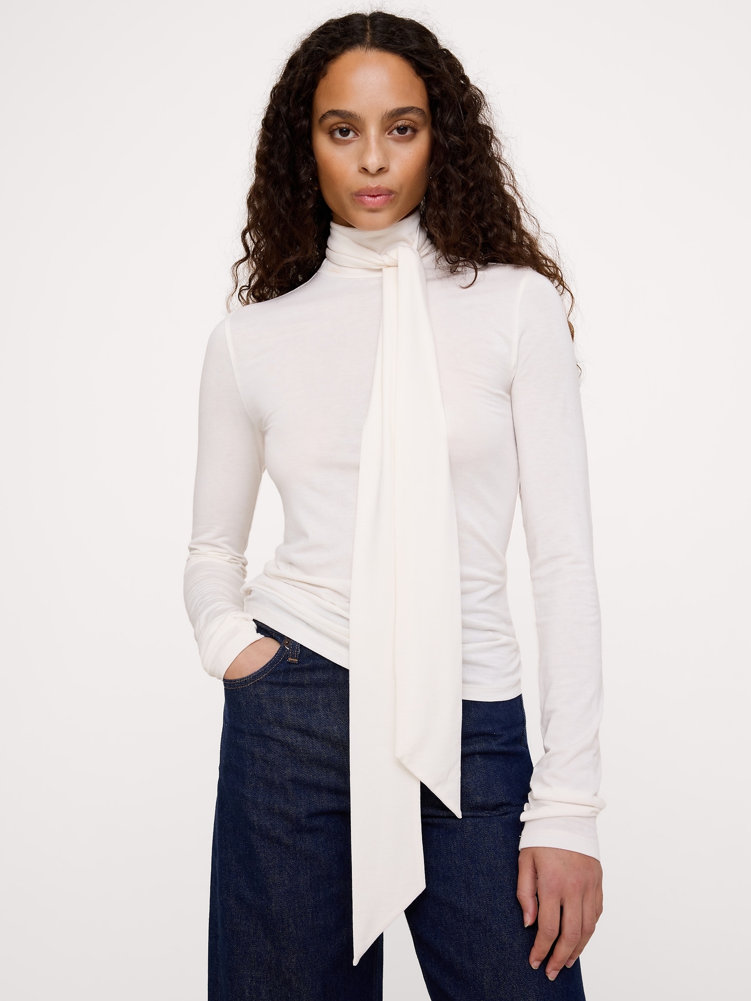 Luxe Wool-Blend Tie-Scarf Turtleneck