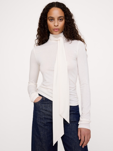 Luxe Wool-Blend Tie-Scarf Turtleneck - Alabaster Off