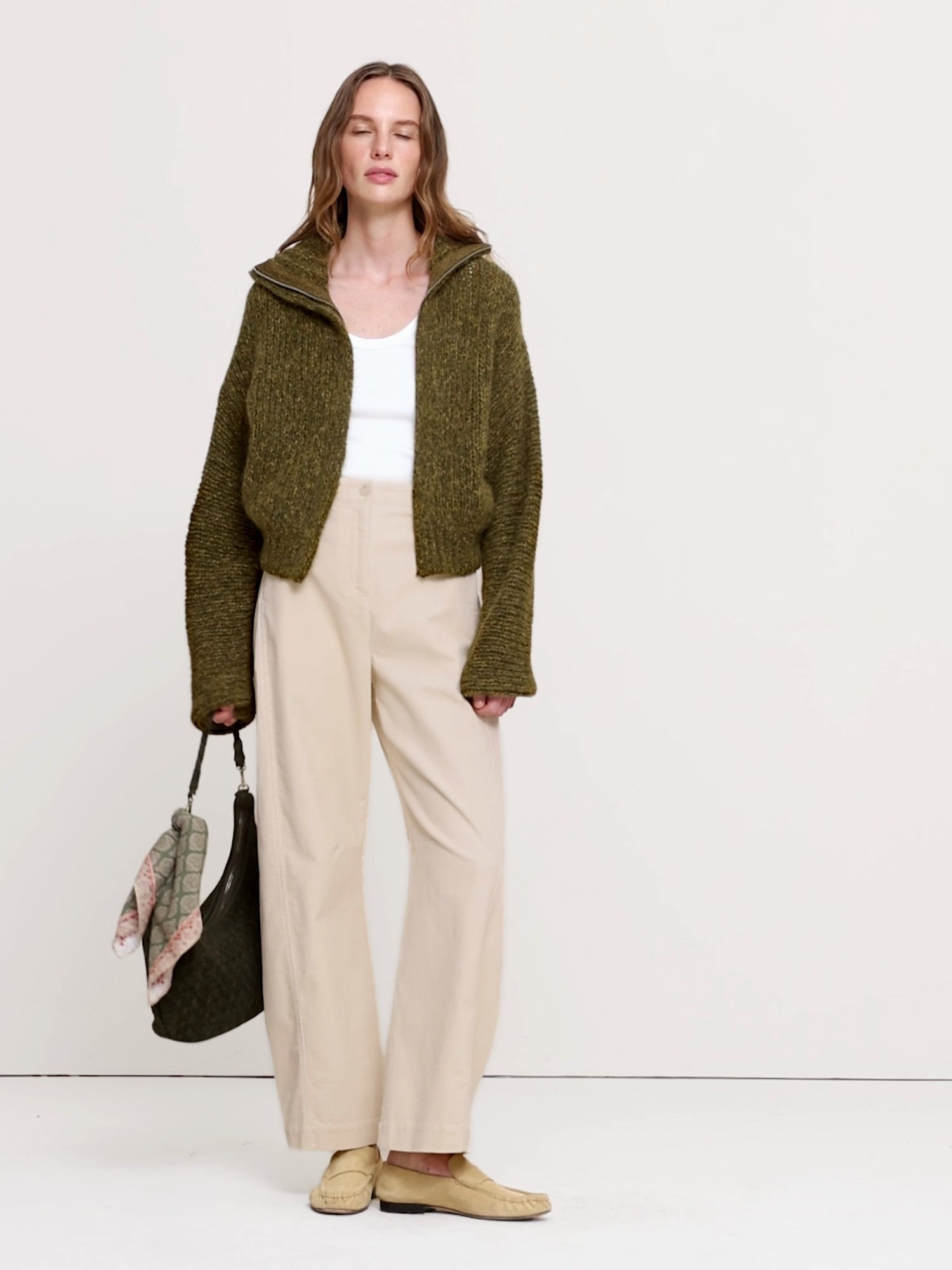 Женский кардиган Banana Republic Marled Alpaca-Wool Funnel-Neck, цвет: Оливковый зелёный меланжевый — фото 3