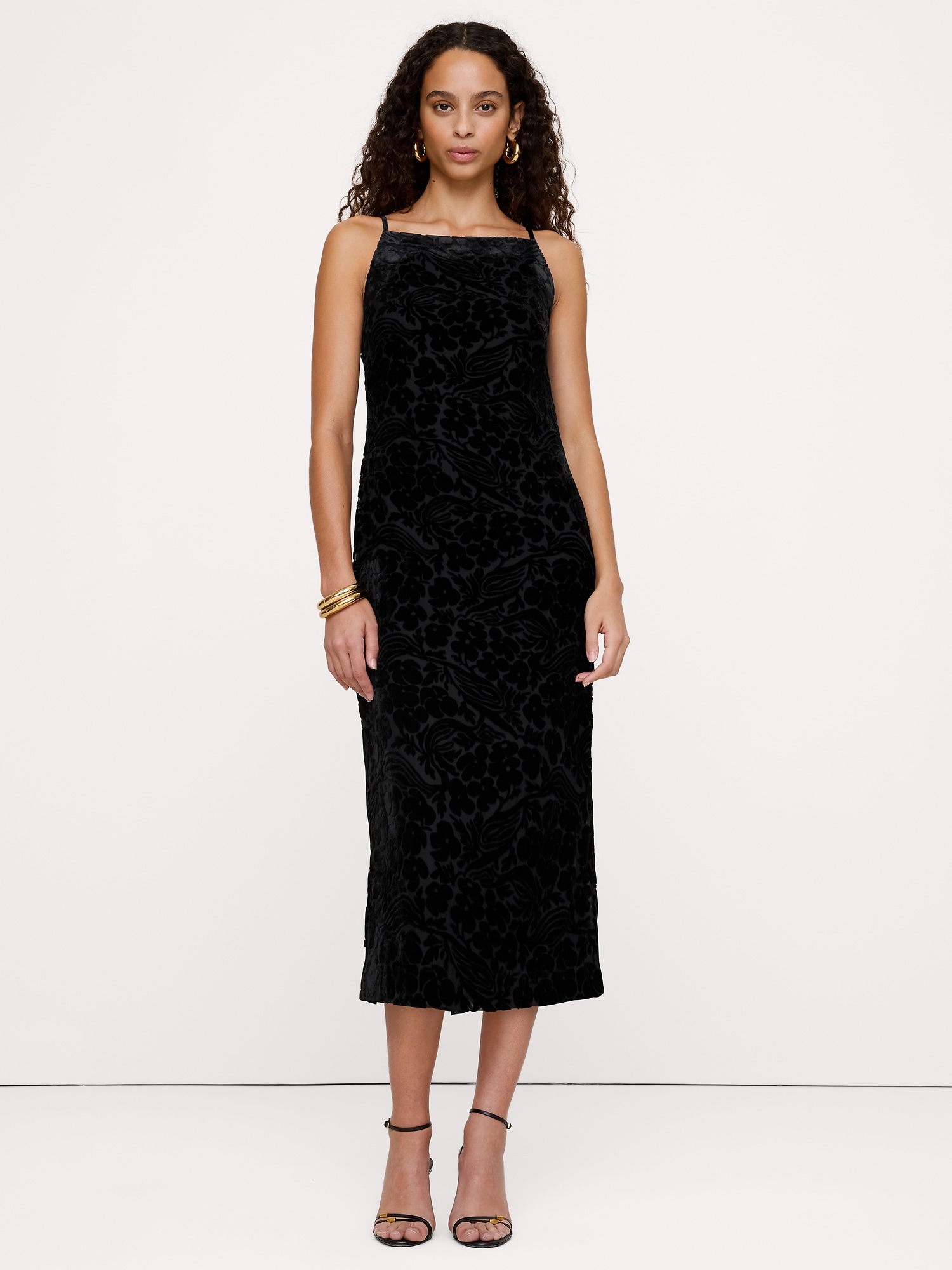Женское платье Banana Republic Burnout Velvet Square-Neck Midi, цвет: Чёрный