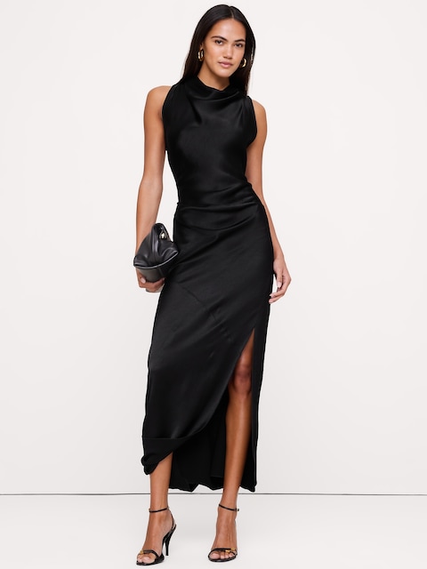 Hammered Satin Draped Cowl-Neck Maxi Dress