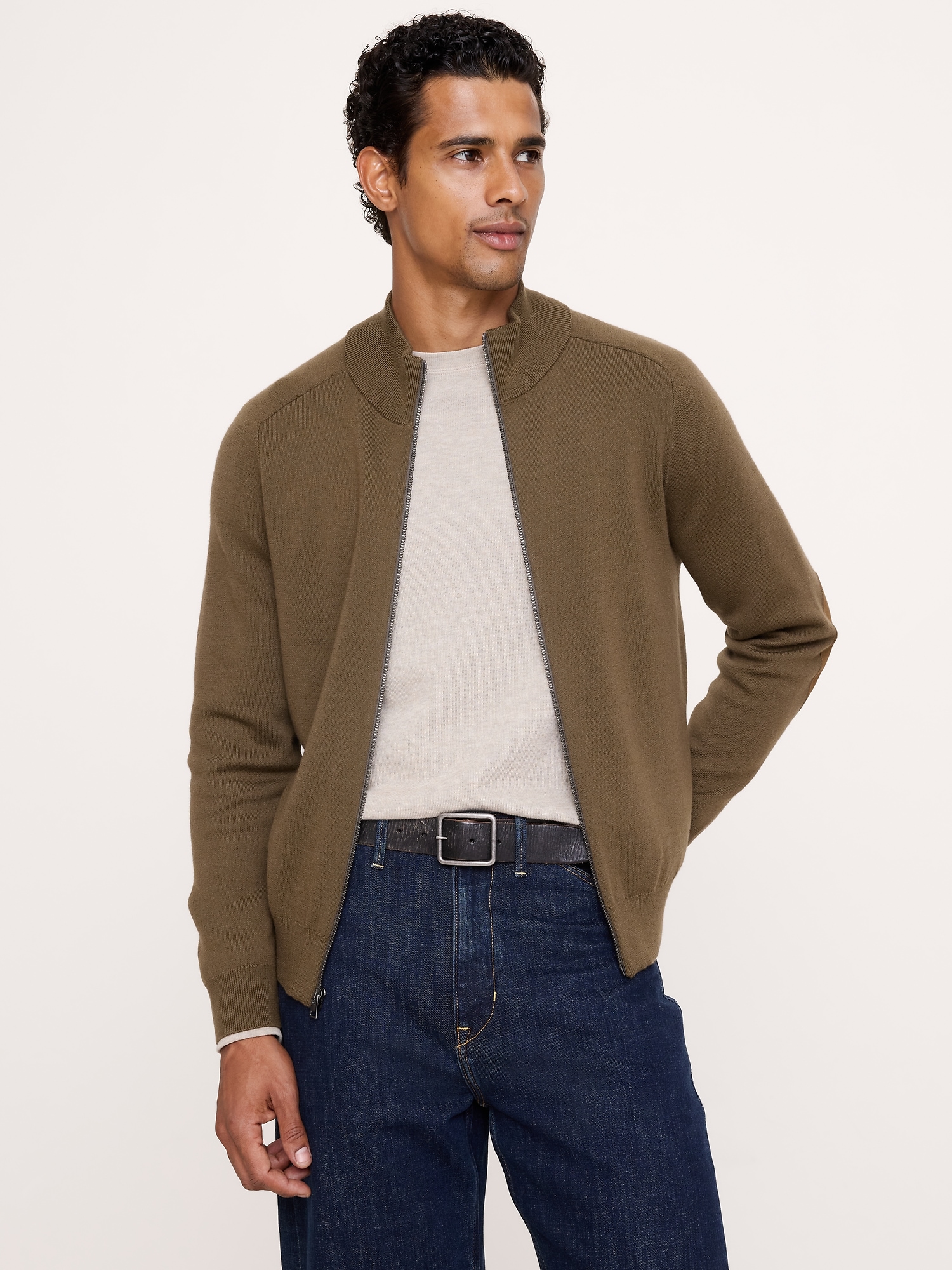 Double-Faced Merino Sweater Jacket with Suede Elbow Patches