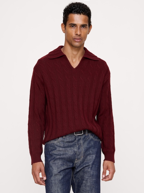 Wool-Blend Cable-Knit Sweater Polo