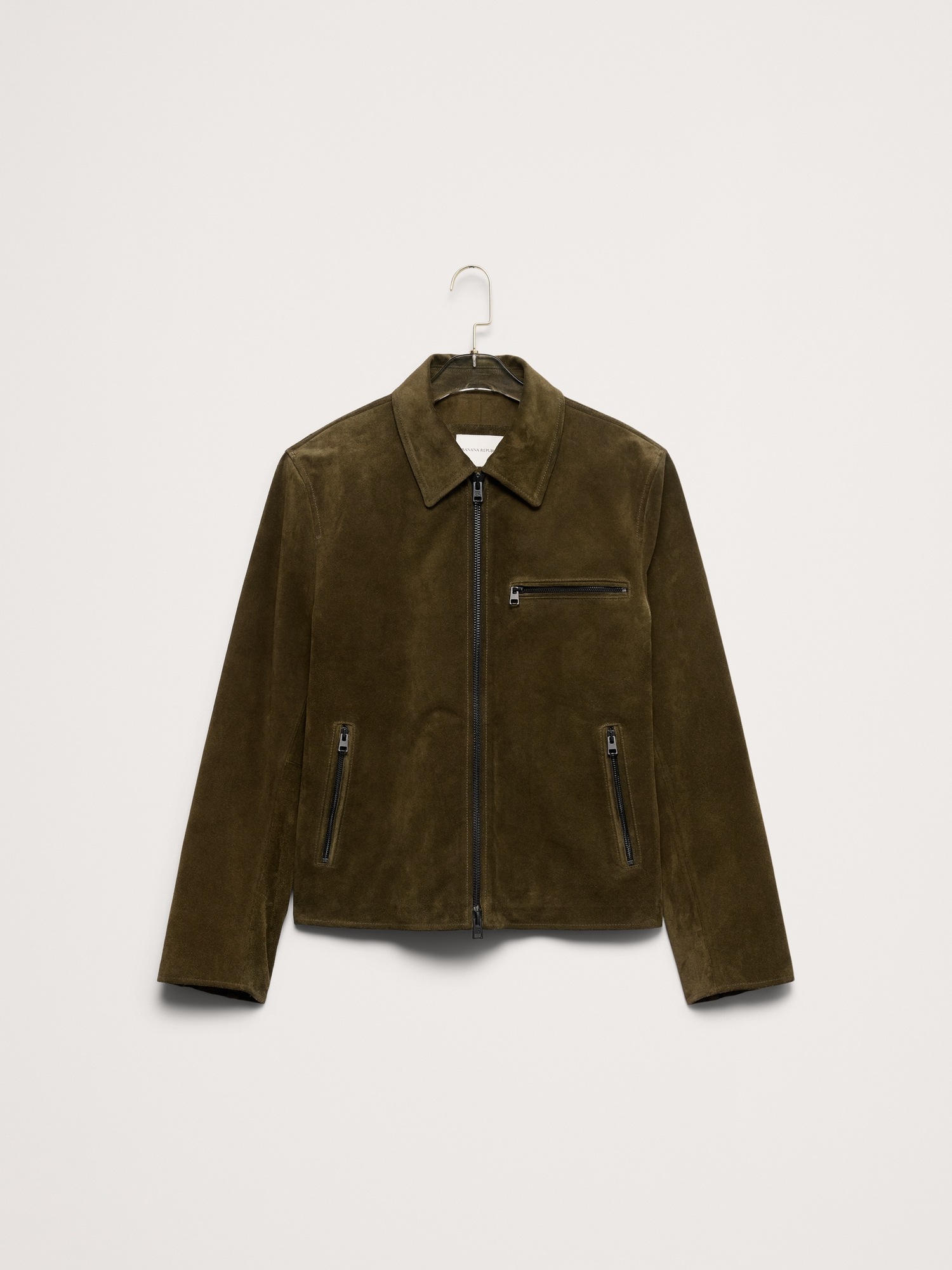Мужская куртка Banana Republic Italian Suede Racing, цвет: Оливковый зелёный — фото 4