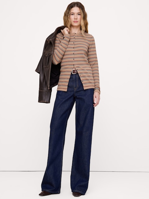 Stretch-Cotton Mixed-Ribbed Cardigan