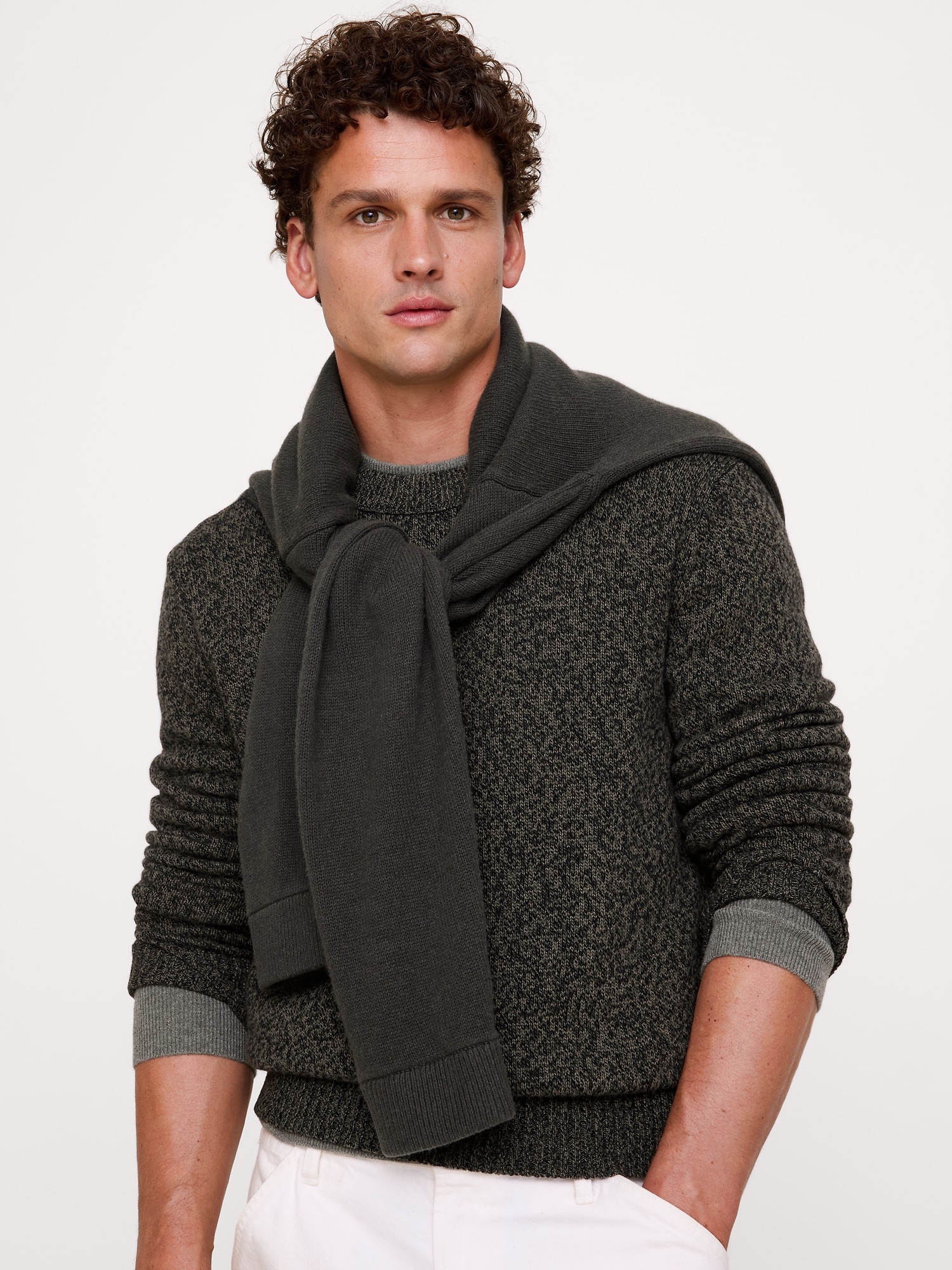 Marled Italian Cotton-Cashmere Crew-Neck Sweater