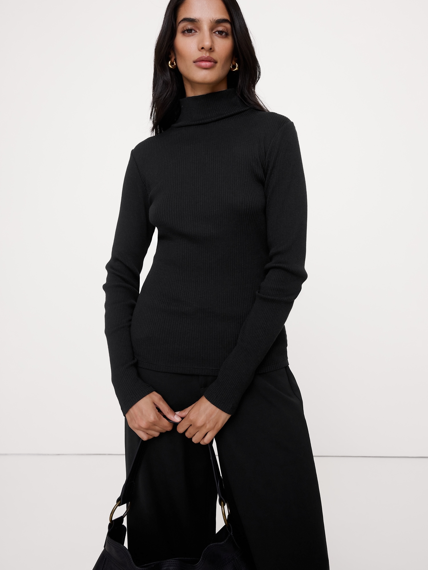 Женский топ Banana Republic Cotton-Modal Ribbed Turtleneck, цвет: Чёрный