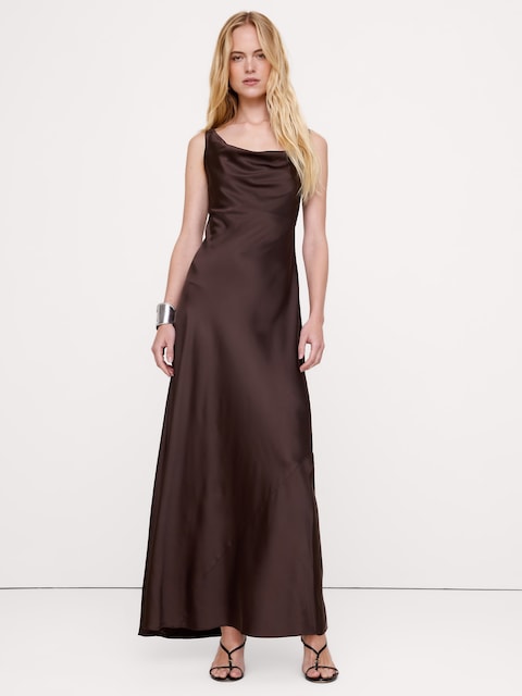 Stretch-Satin Cowl-Neck Midi Dress