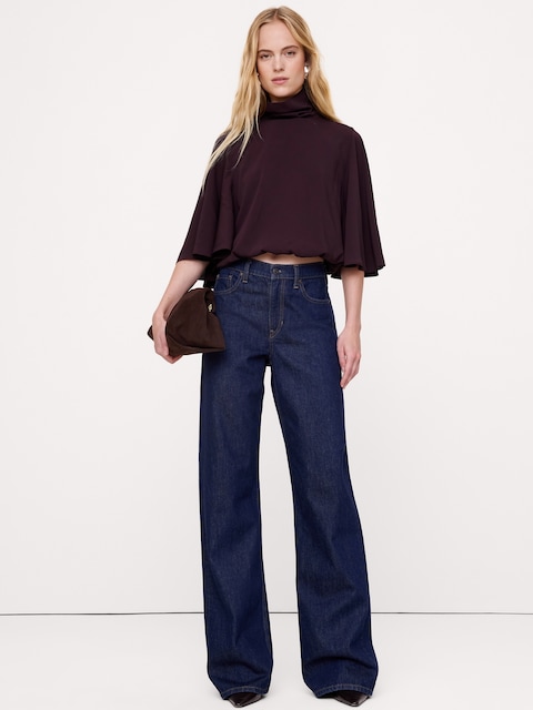 Georgette Ruched Mock-Neck Cropped Top