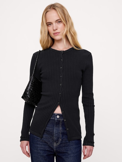 Stretch-Cotton Mixed-Ribbed Cardigan