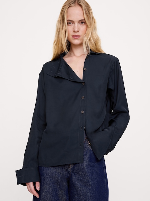 Drapey Twill Asymmetrical Button-Front Blouse
