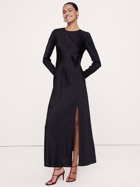 Bias-Cut Stretch-Satin Maxi Dress with Slit