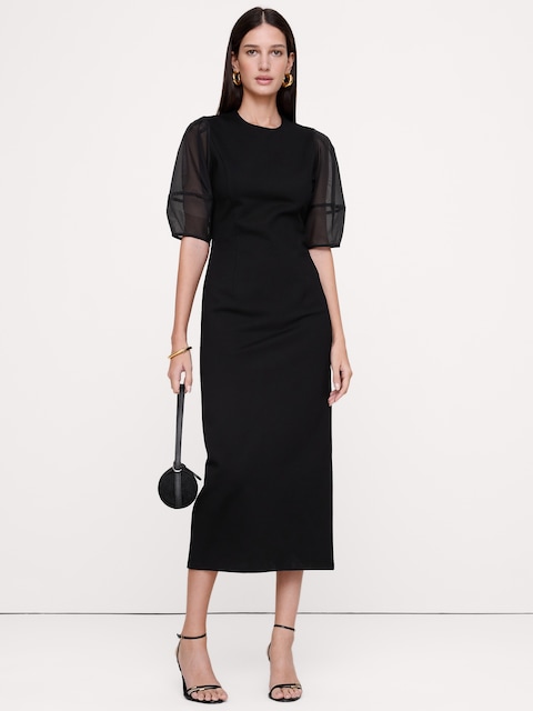 Ponte + Organza Puff-Sleeve Maxi Dress